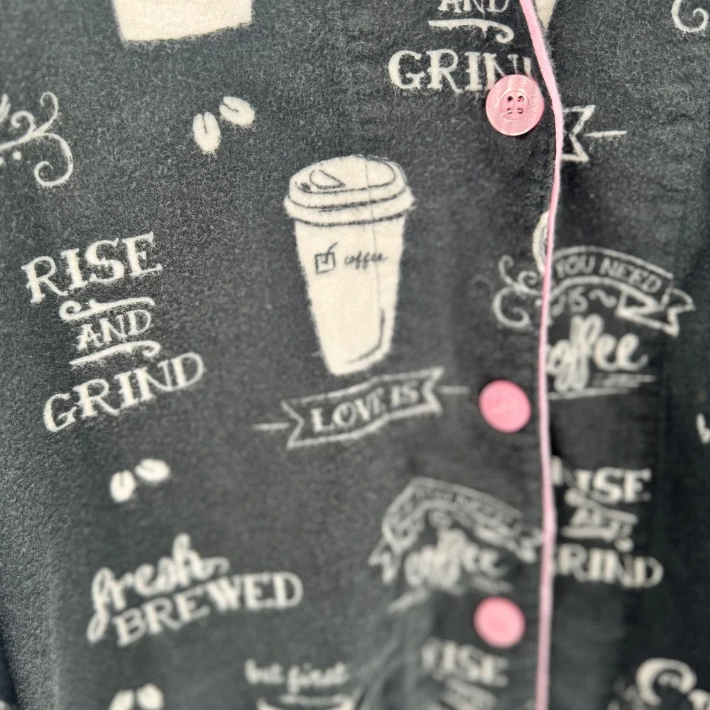 PJ Salvage Pajama Set Women S Black Coffee Print Flannel Button Front Pants - Picture 5 of 12